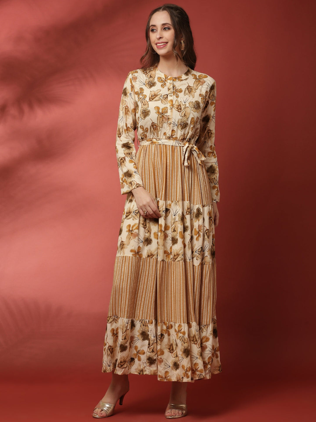 Neerus Beige rayon hand embroidered maxi dress - front view