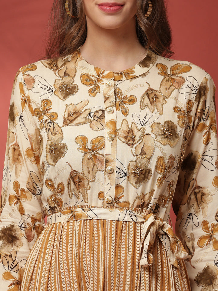 Beige rayon printed long dress with hand embroidery