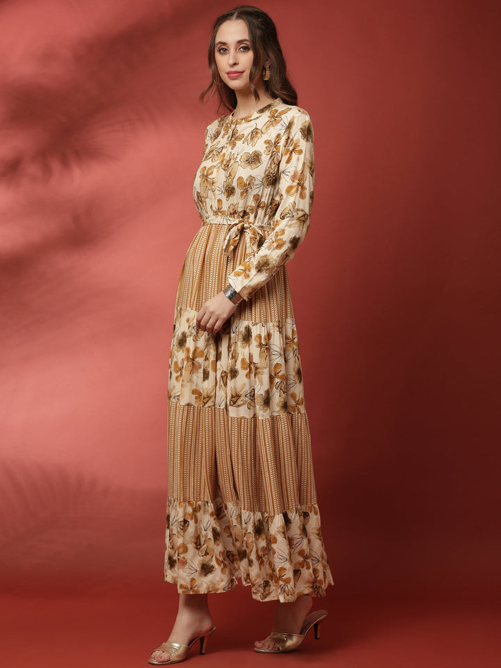 Neerus Beige rayon hand embroidered maxi dress - back view