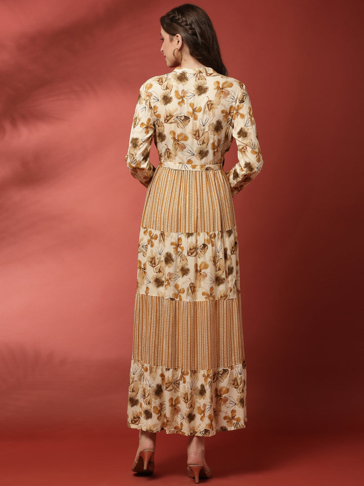 Beige rayon printed long dress with hand embroidery