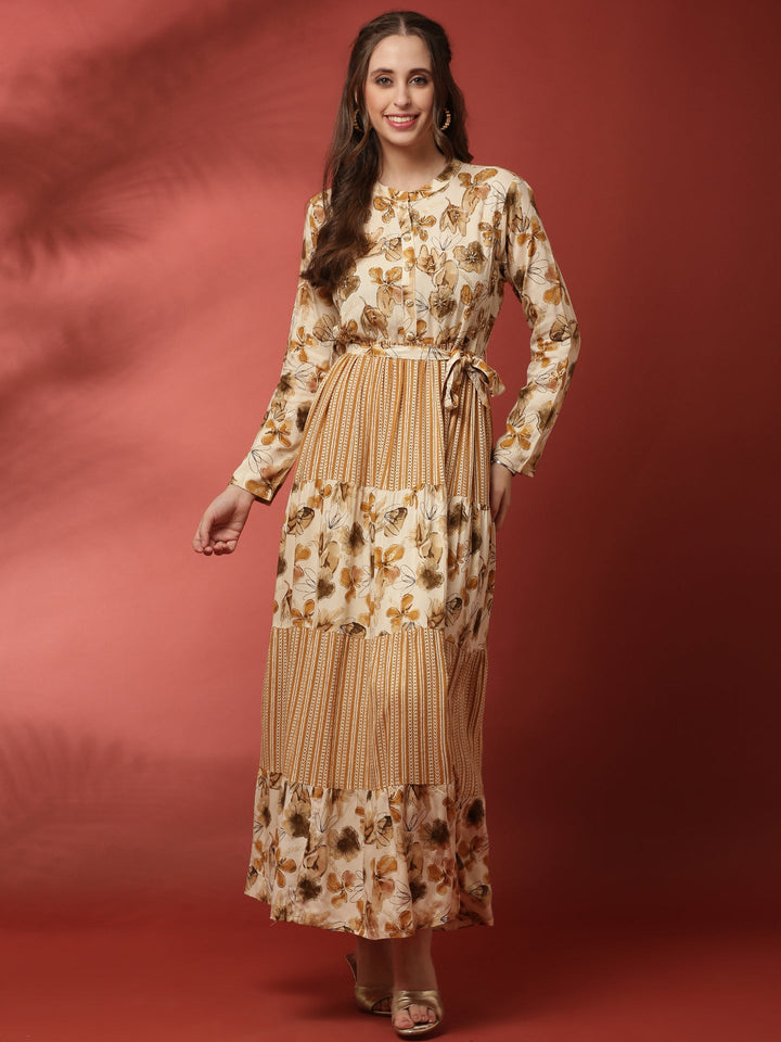 Beige rayon printed long dress with hand embroidery