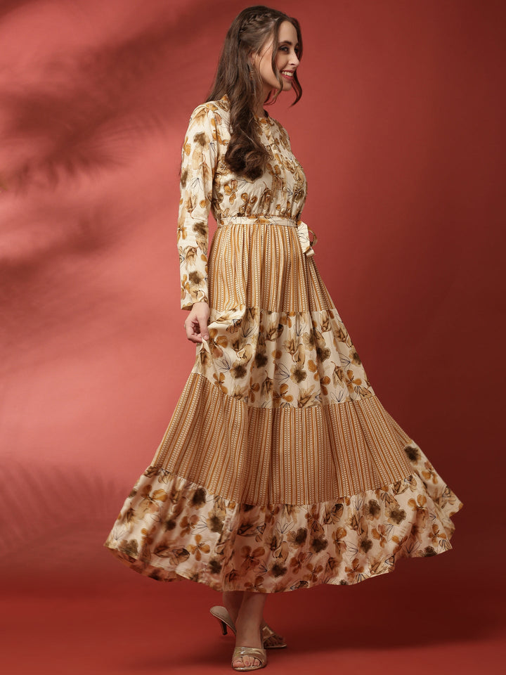 Neerus Beige rayon hand embroidered maxi dress - detail view 3