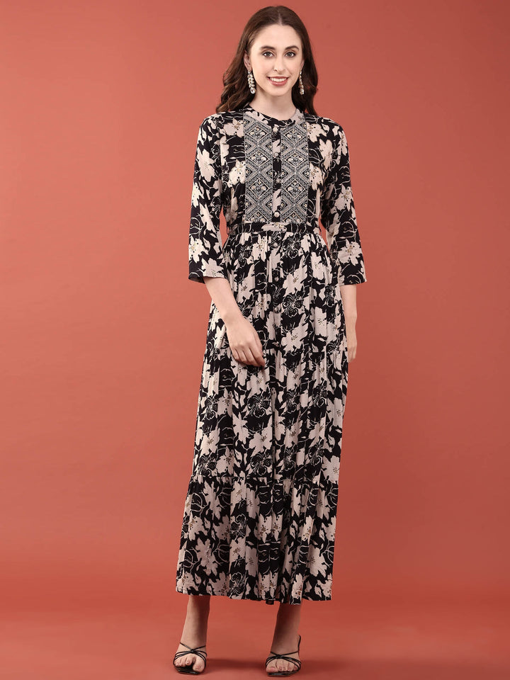 Neerus Black Rayon Digital Printed Maxi Dress - front view