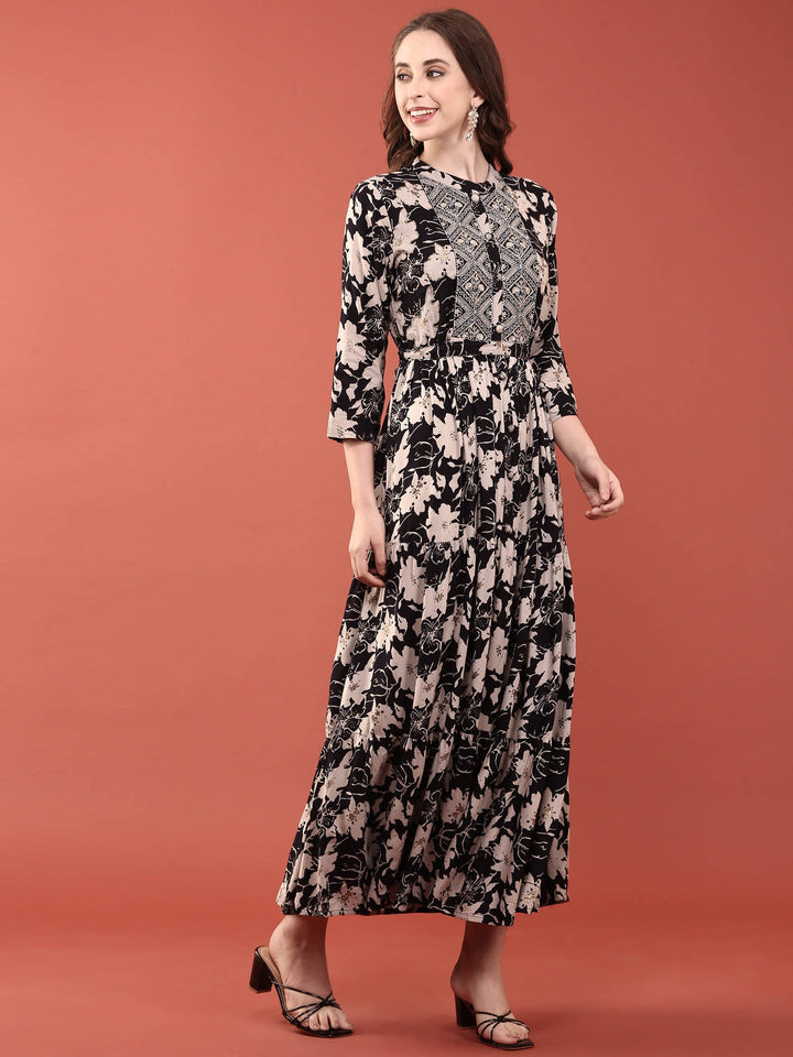 Neerus Black Rayon Digital Printed Maxi Dress - back view