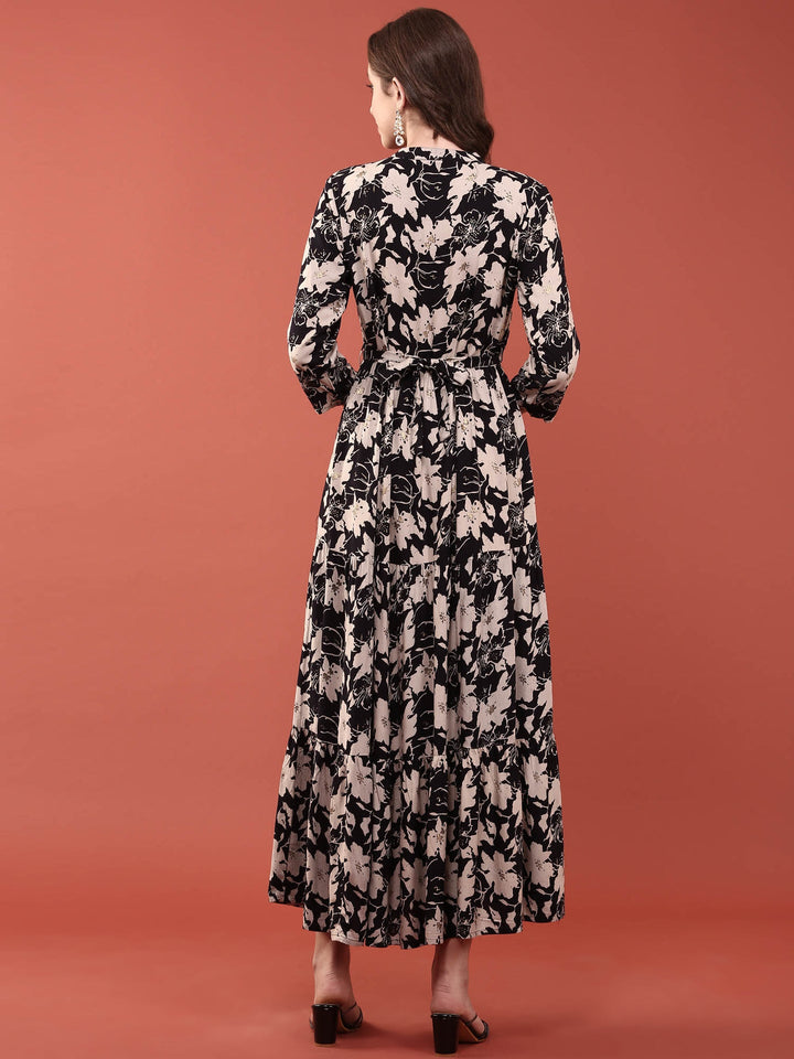 Neerus Black Rayon Digital Printed Maxi Dress - side view