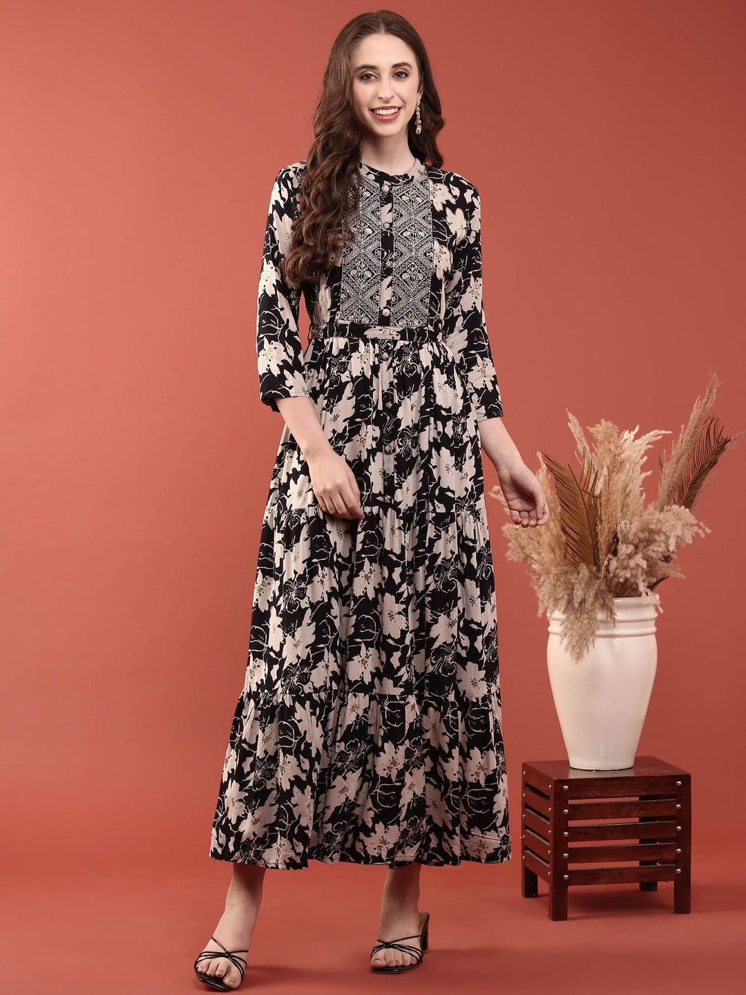Neerus Black Rayon Digital Printed Maxi Dress - detail view 3