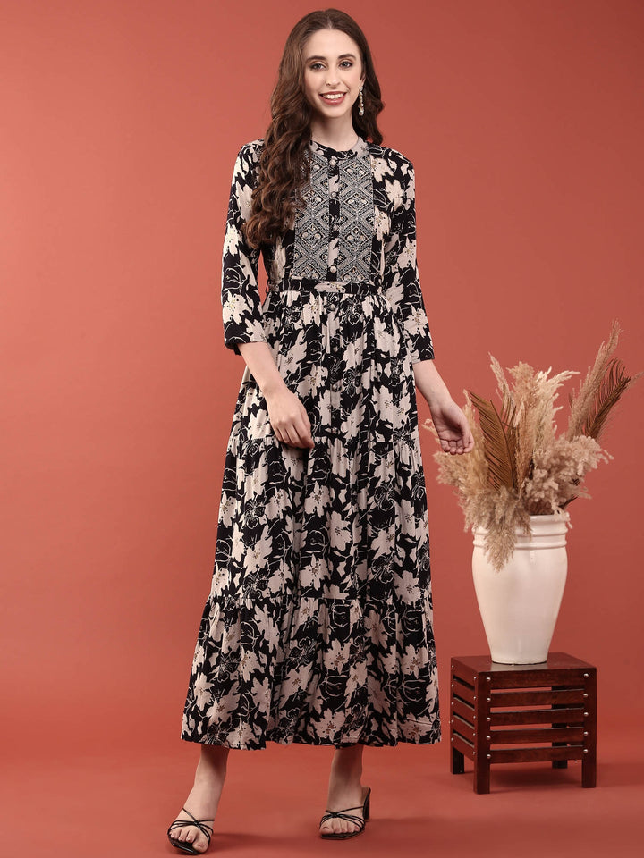 Black Rayon Floral Digital Print Long Dress