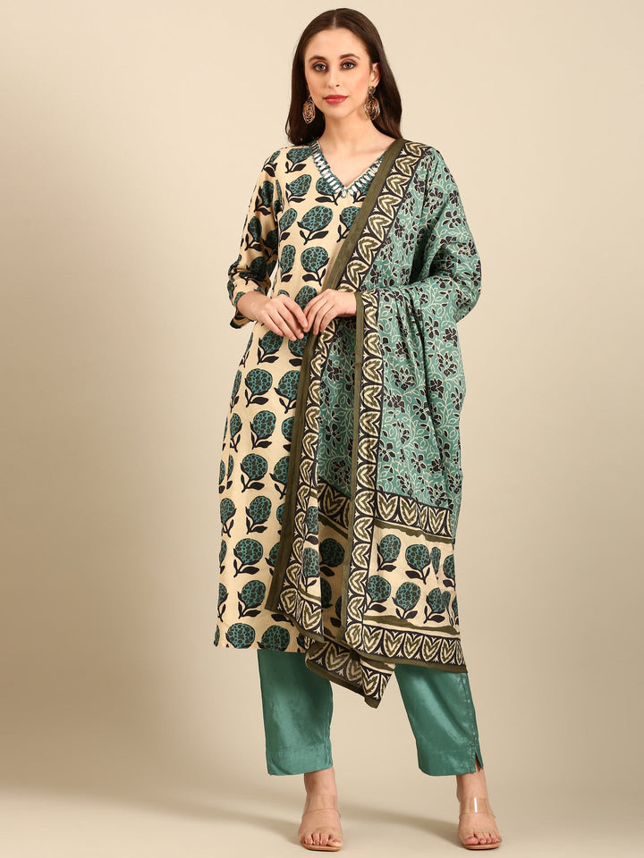 Neerus Beige modal block printed suit set - front view