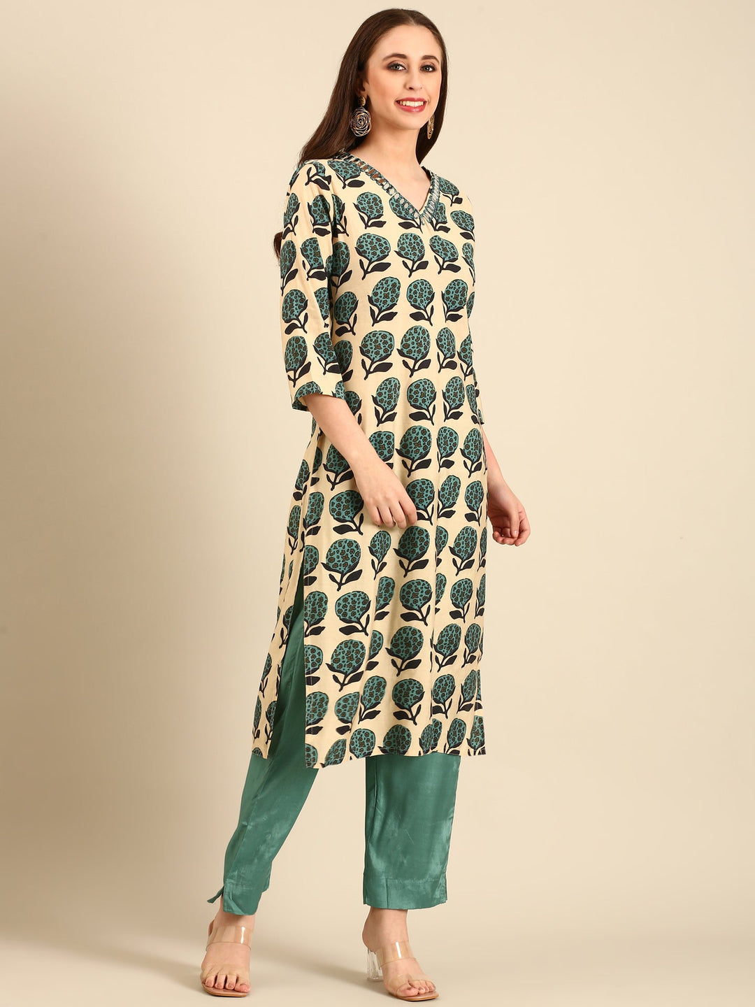Neerus Beige modal block printed suit set - back view