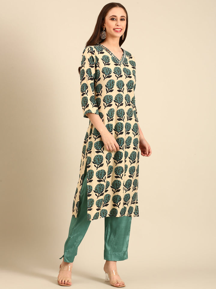 Neerus Beige modal block printed suit set - back view