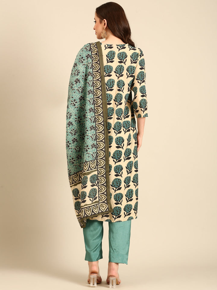 Beige block printed suit set with duppata