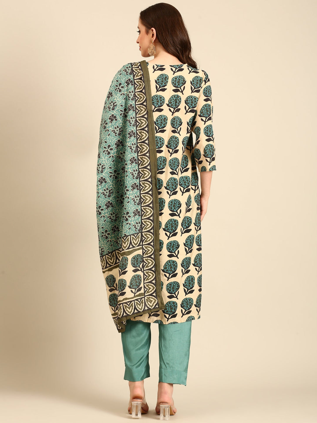 Neerus Beige modal block printed suit set - side view
