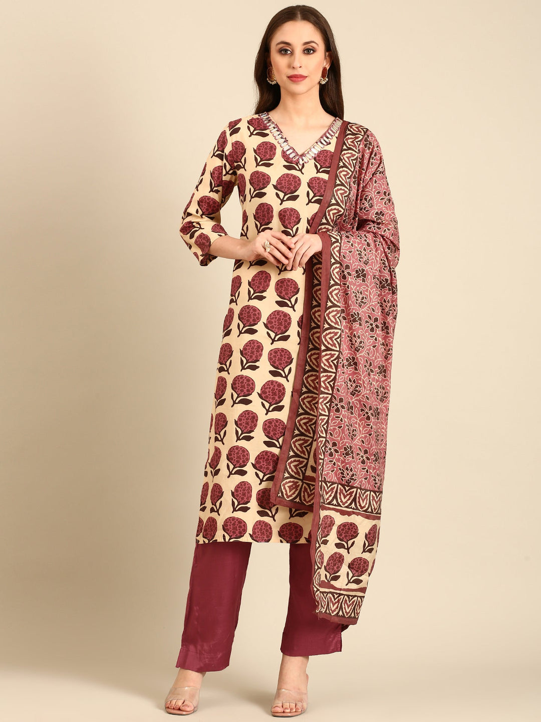 Neerus Maroon modal block printed suit set - front view