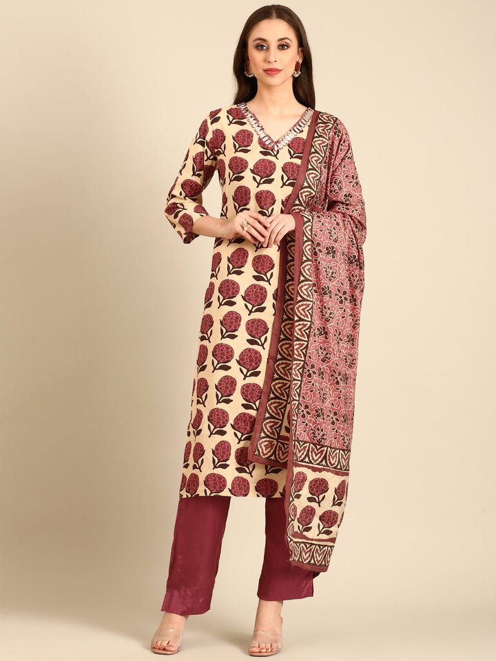 Maroon block printed suit set with duppata