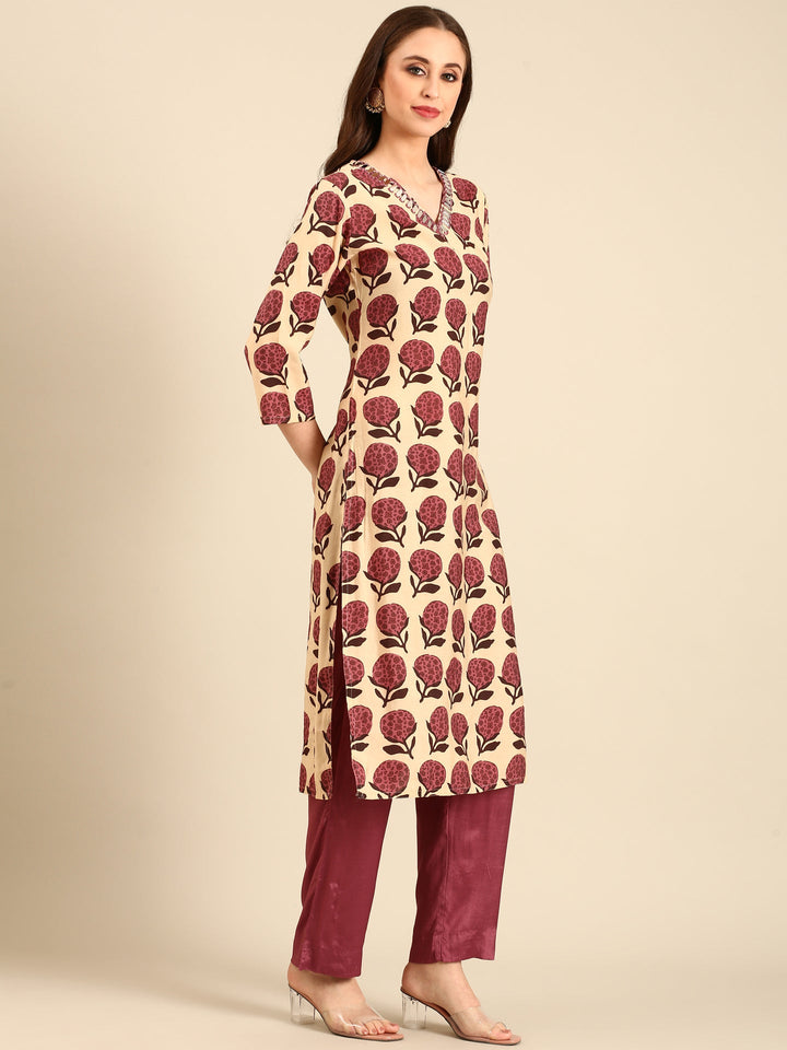 Neerus Maroon modal block printed suit set - back view