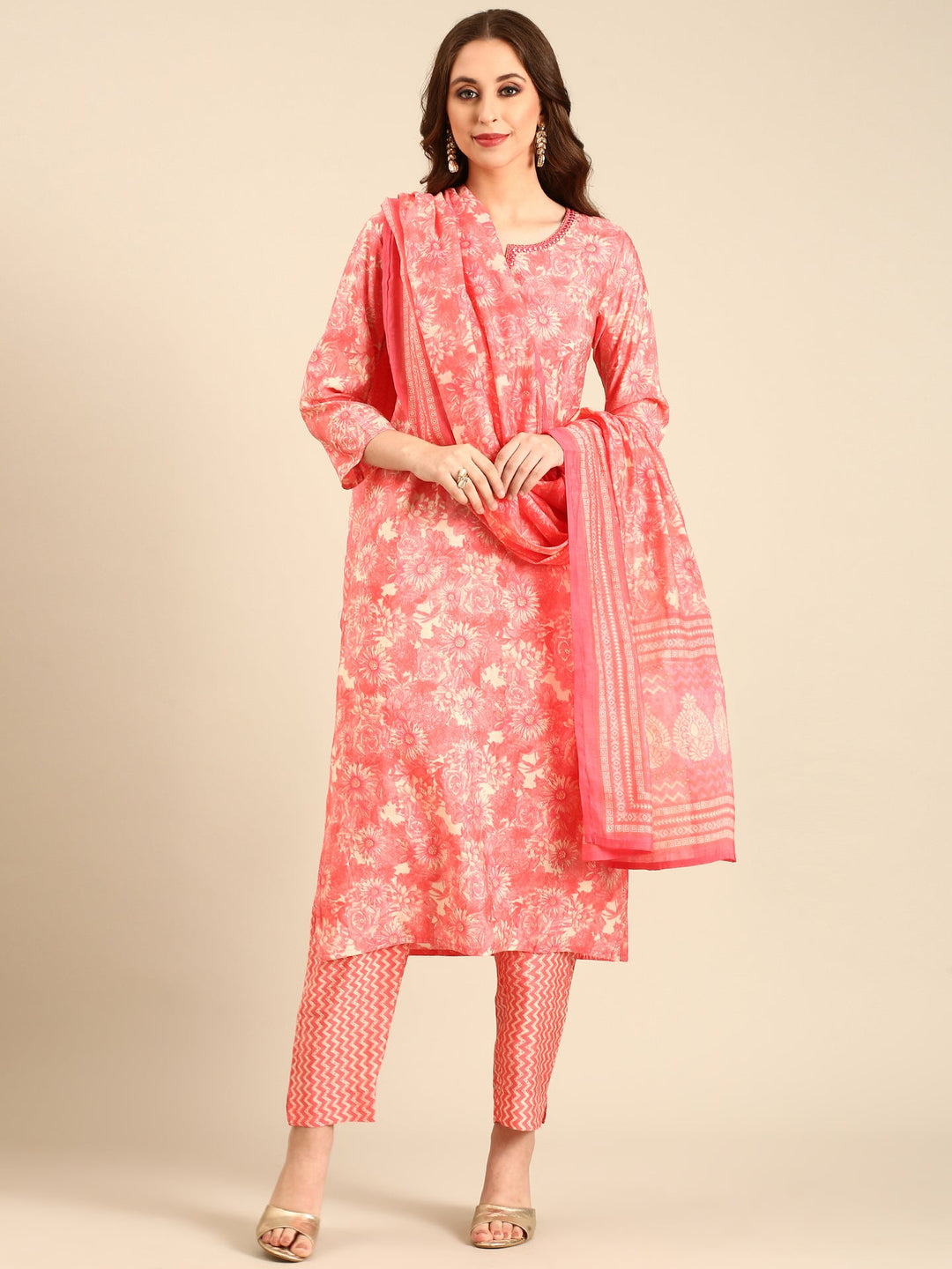 Neerus Pink modal printed suit set - front view