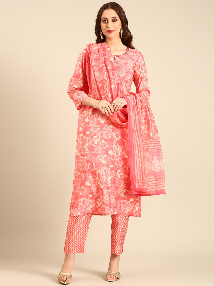 Peach pink floral printed three piece suit set