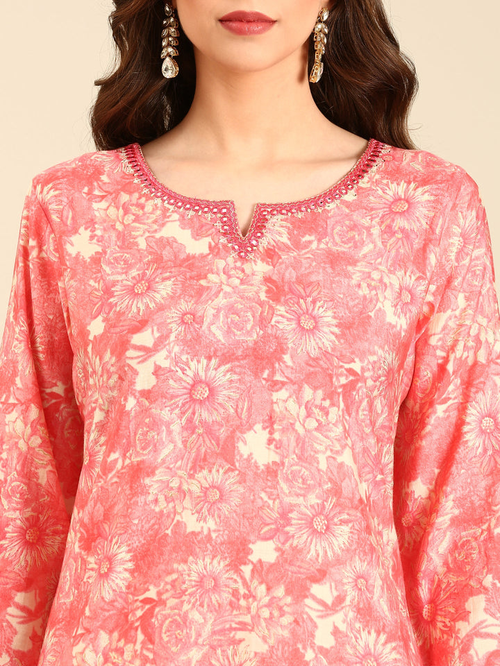 Peach pink floral printed three piece suit set