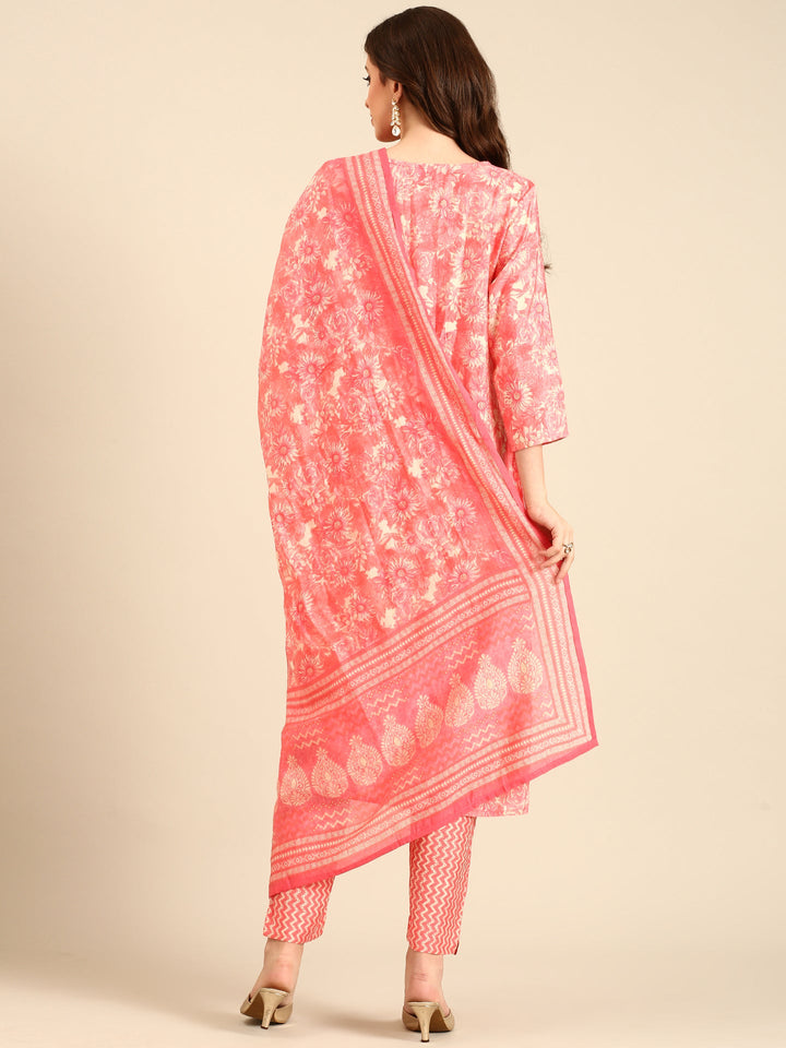 Peach pink floral printed three piece suit set