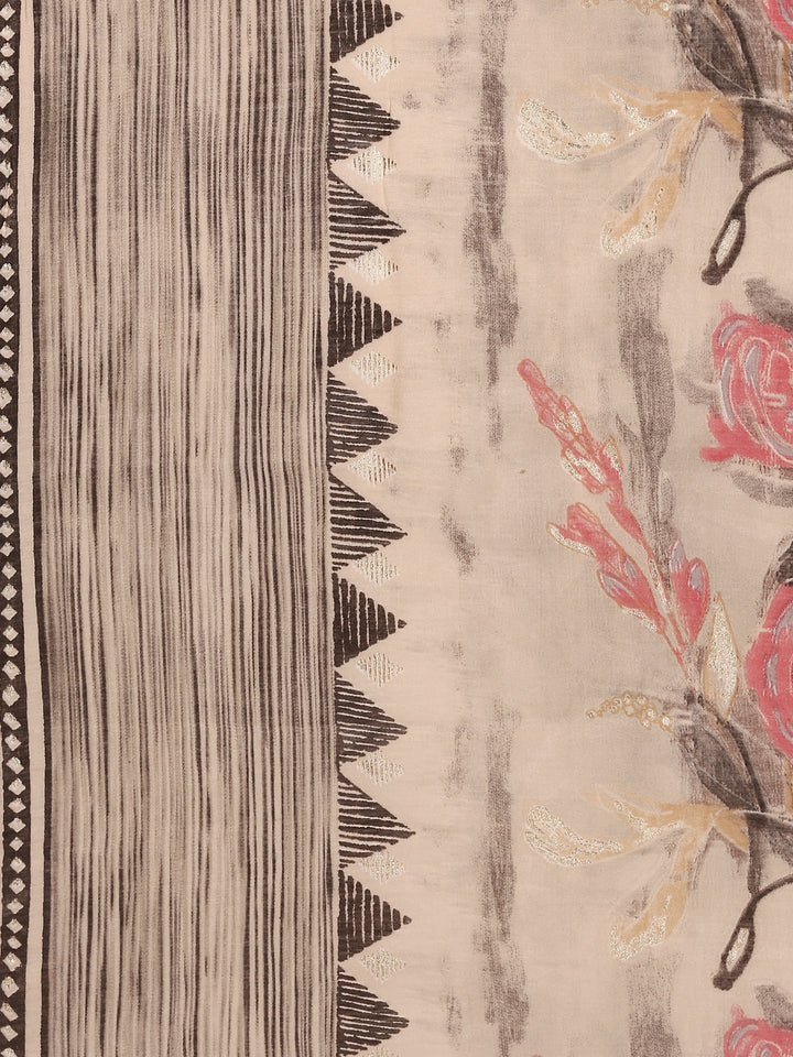 Beige Modal Silk Floral Digital Print Three Piece Set