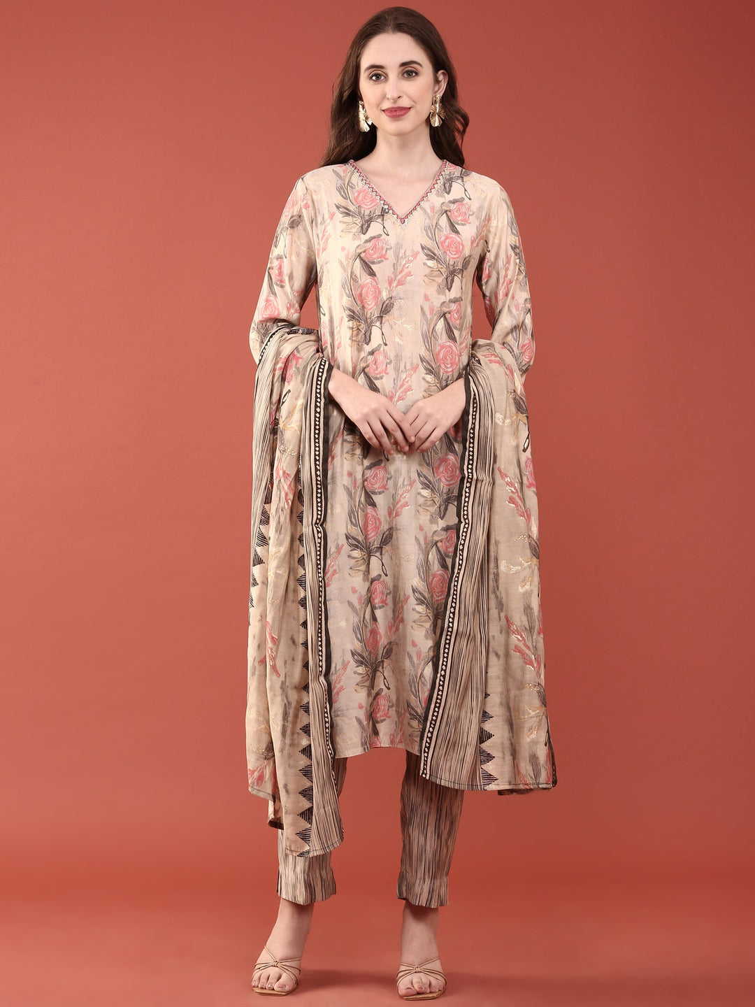 Neerus Beige modal digital printed suit set - front view