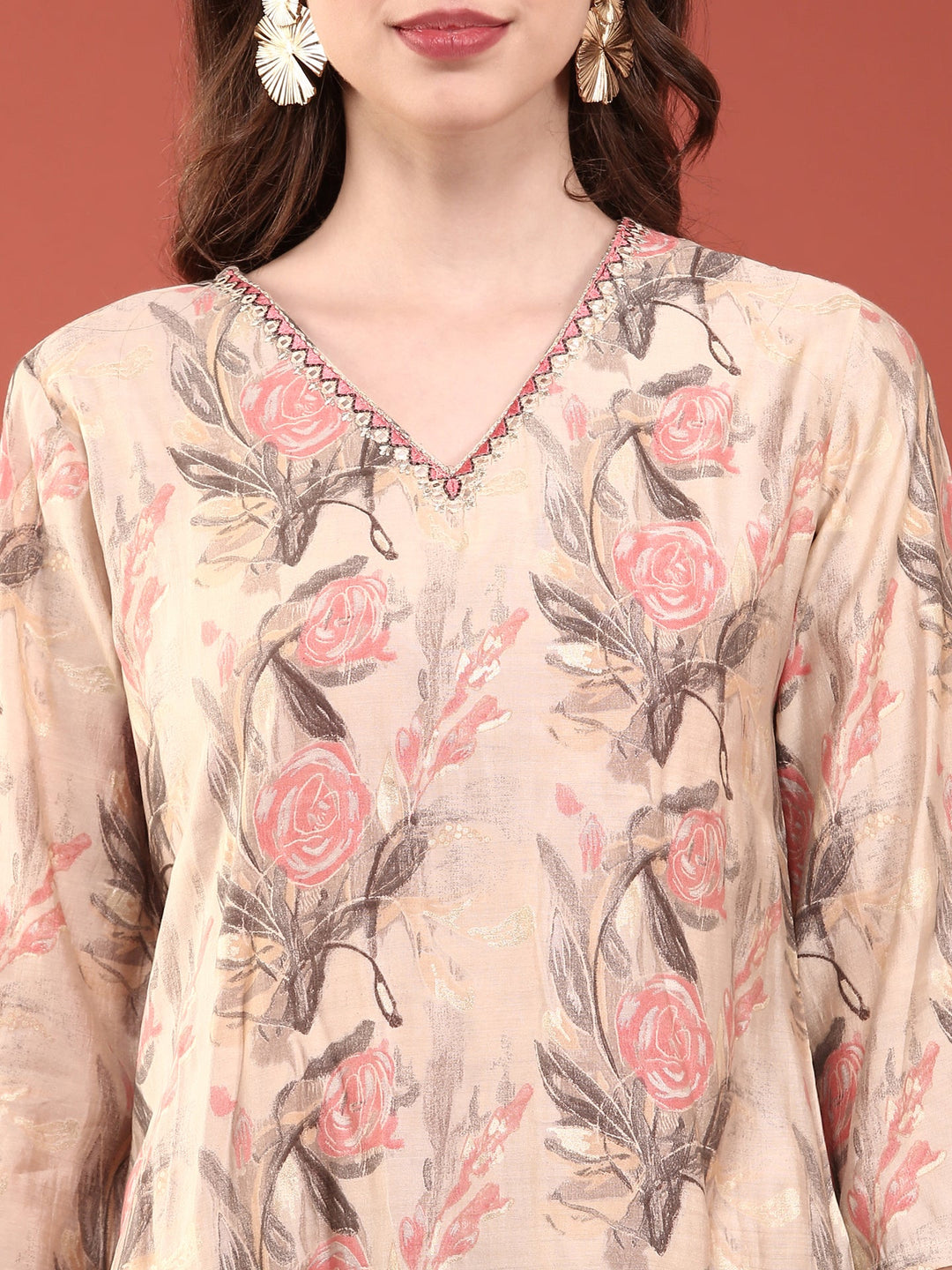 Neerus Beige modal digital printed suit set - detail view 1