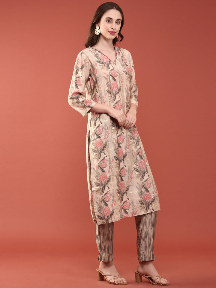 Beige Modal Silk Floral Digital Print Three Piece Set