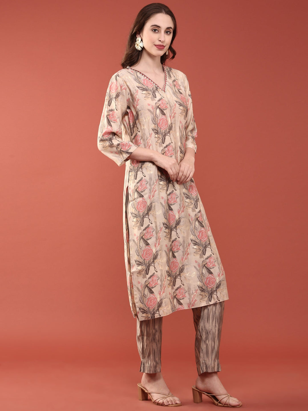 Neerus Beige modal digital printed suit set - back view