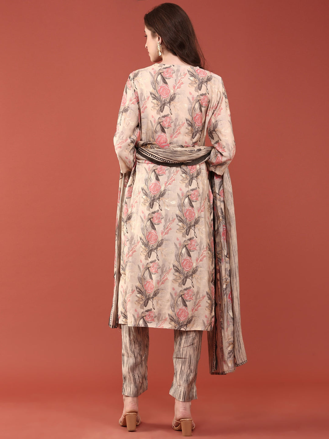 Neerus Beige modal digital printed suit set - side view