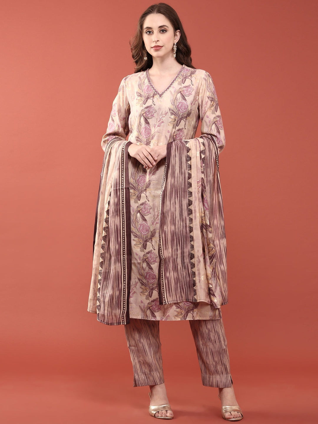 Neerus Purple modal digital printed suit set - front view