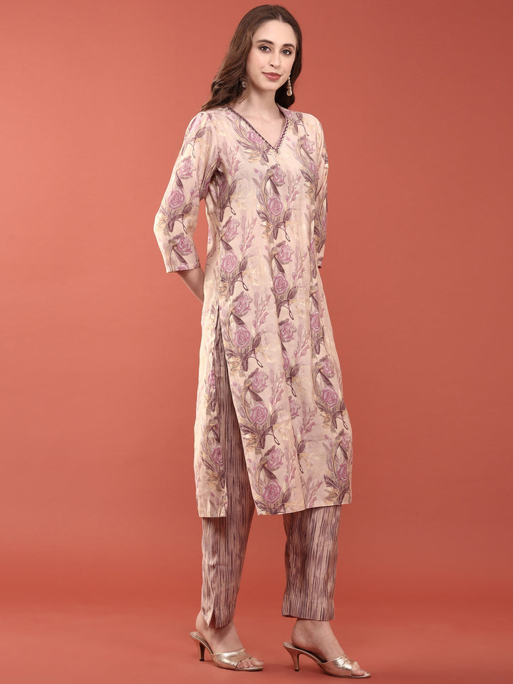 Lavender Modal Silk Floral Digital Print Three Piece Set