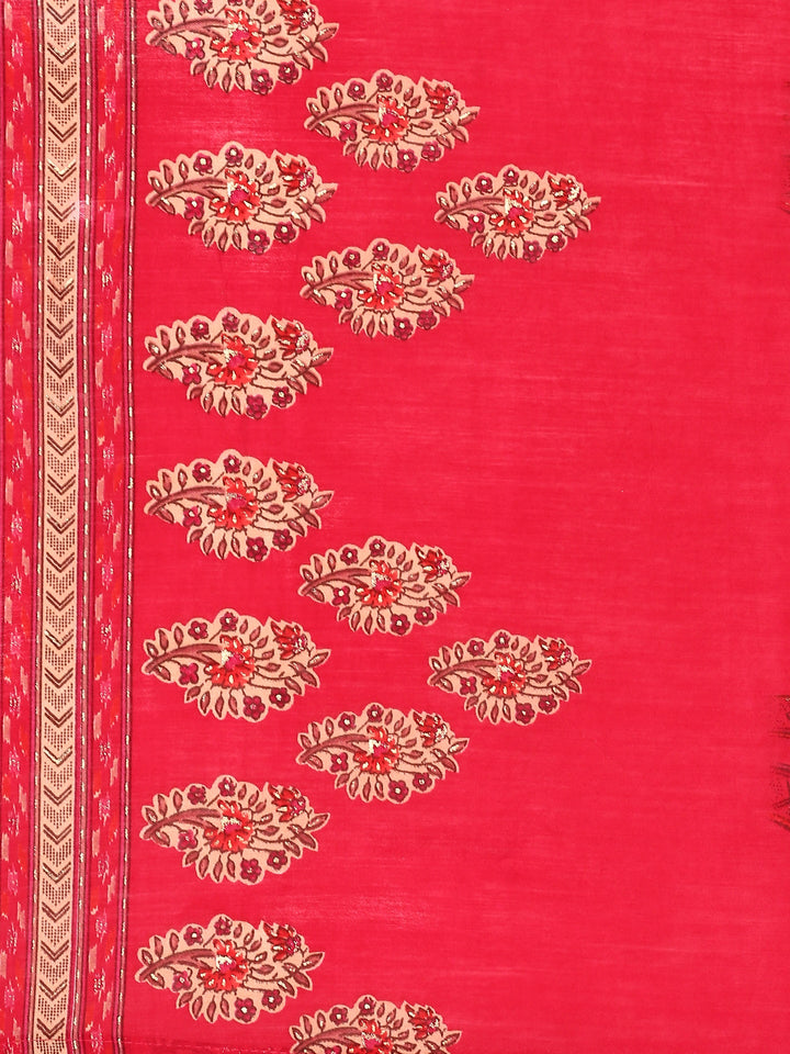 Red floral printed three piece suit set with embroidery