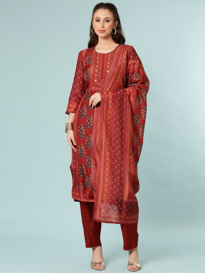 Rust Modal Silk Digital Print Three Piece Set