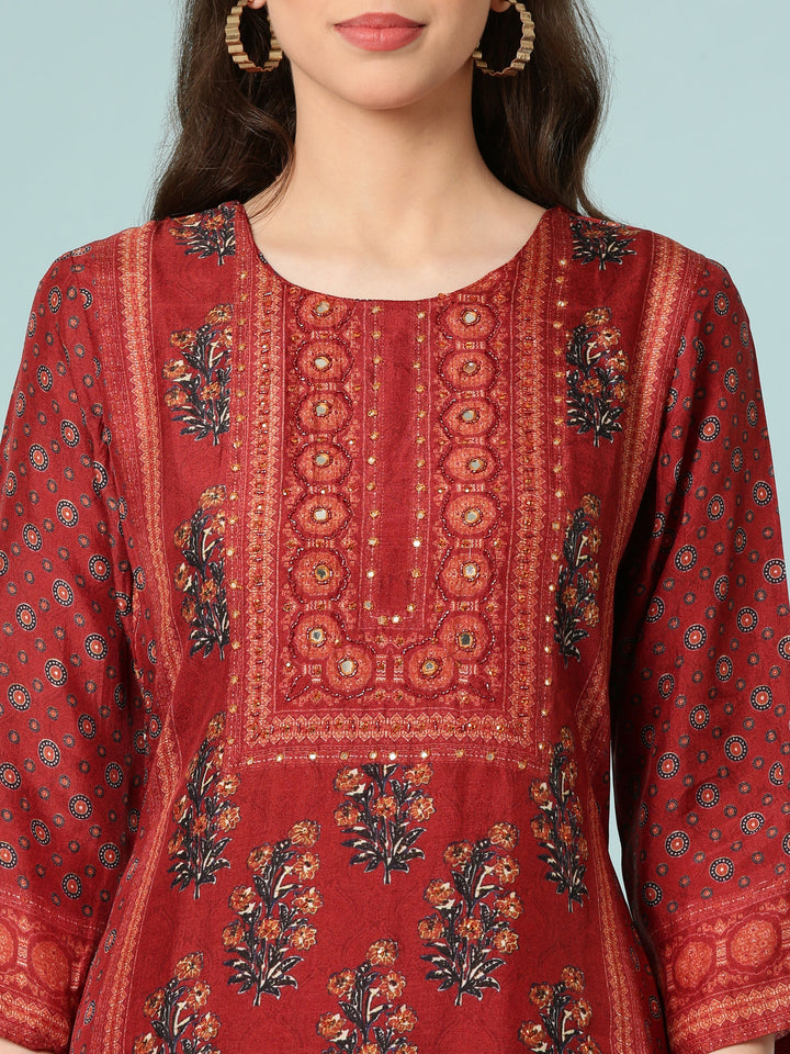 Rust Modal Silk Digital Print Three Piece Set