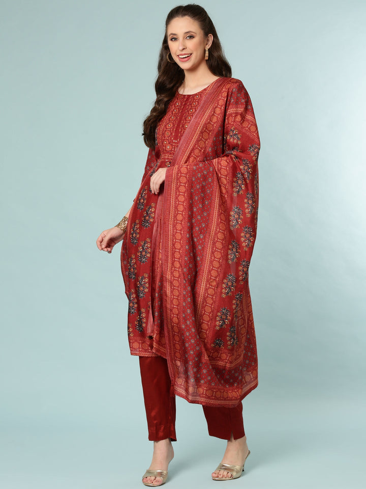 Rust Modal Silk Digital Print Three Piece Set