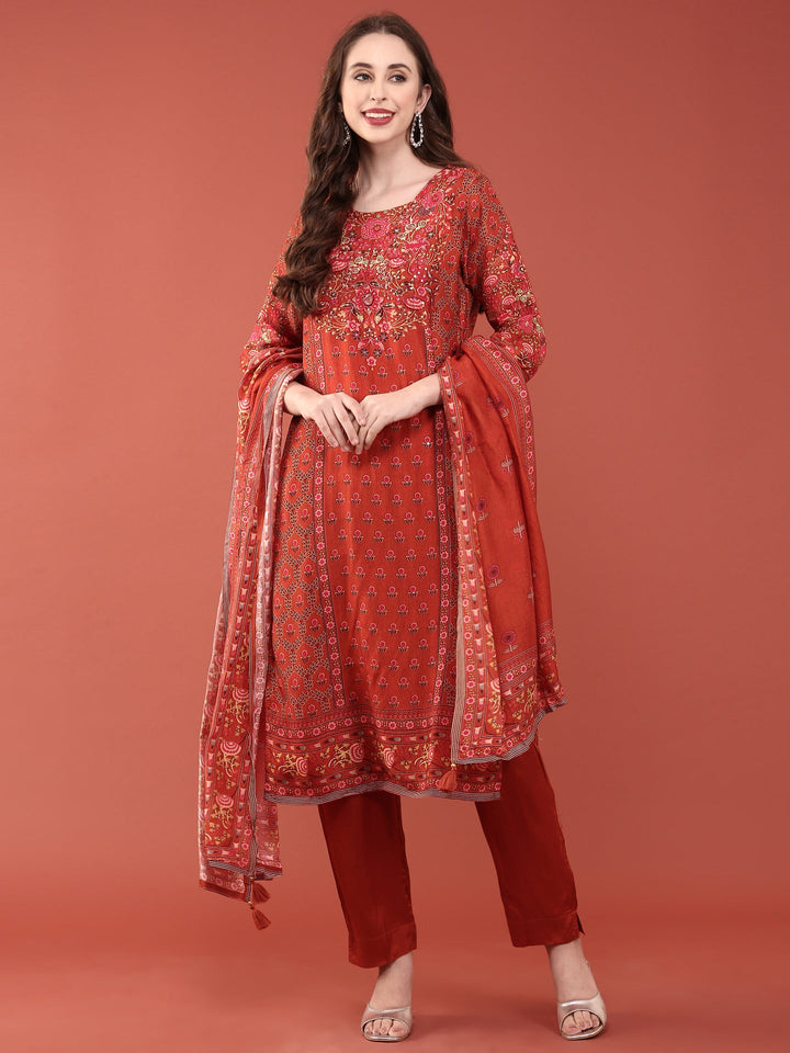 Neerus Orange silk digital printed suit set - front view