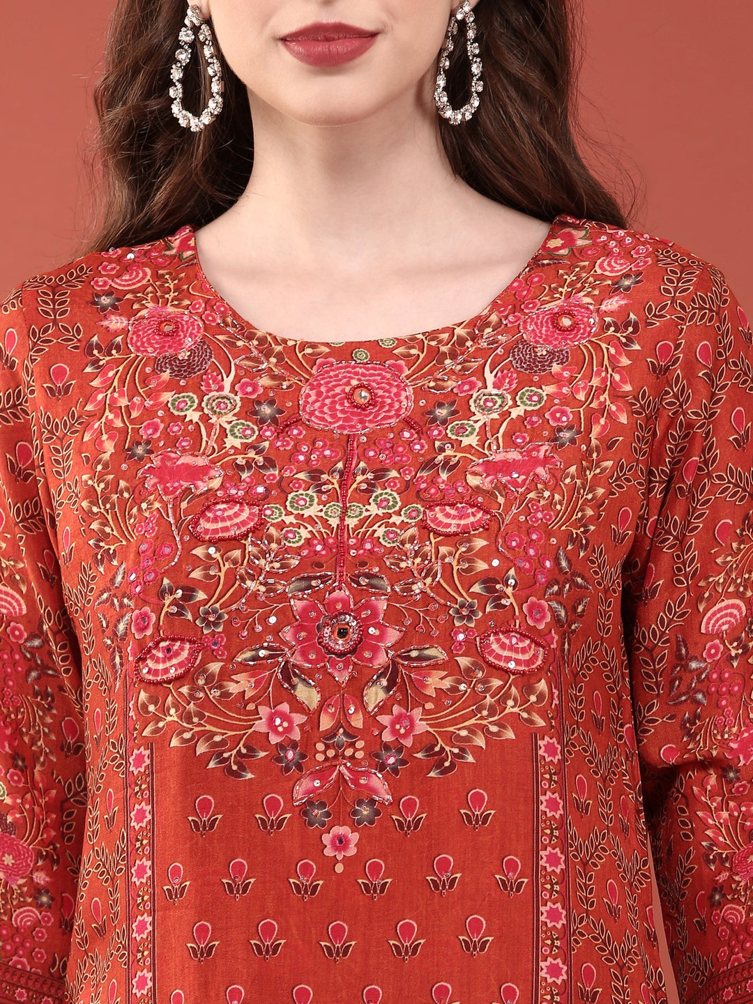 Neerus Orange silk digital printed suit set - detail view 1