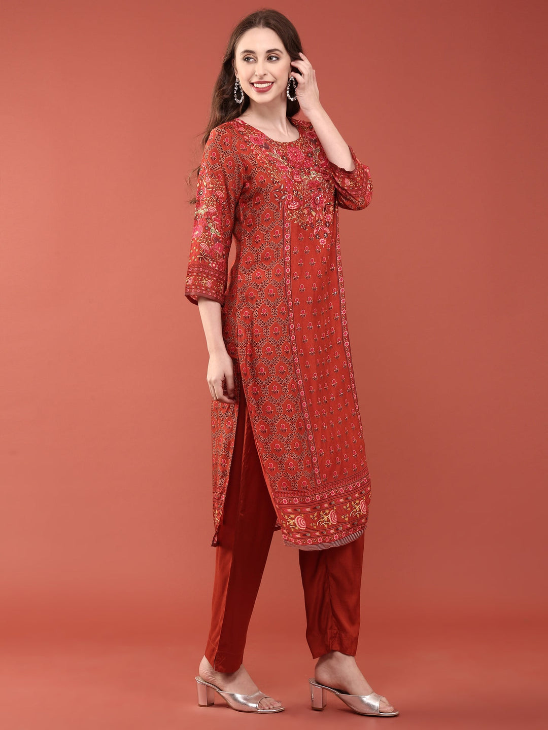 Neerus Orange silk digital printed suit set - back view