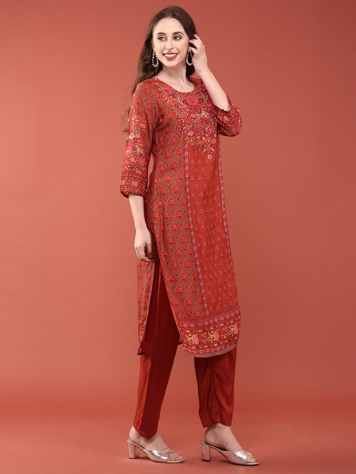 Neerus Orange silk digital printed suit set - back view