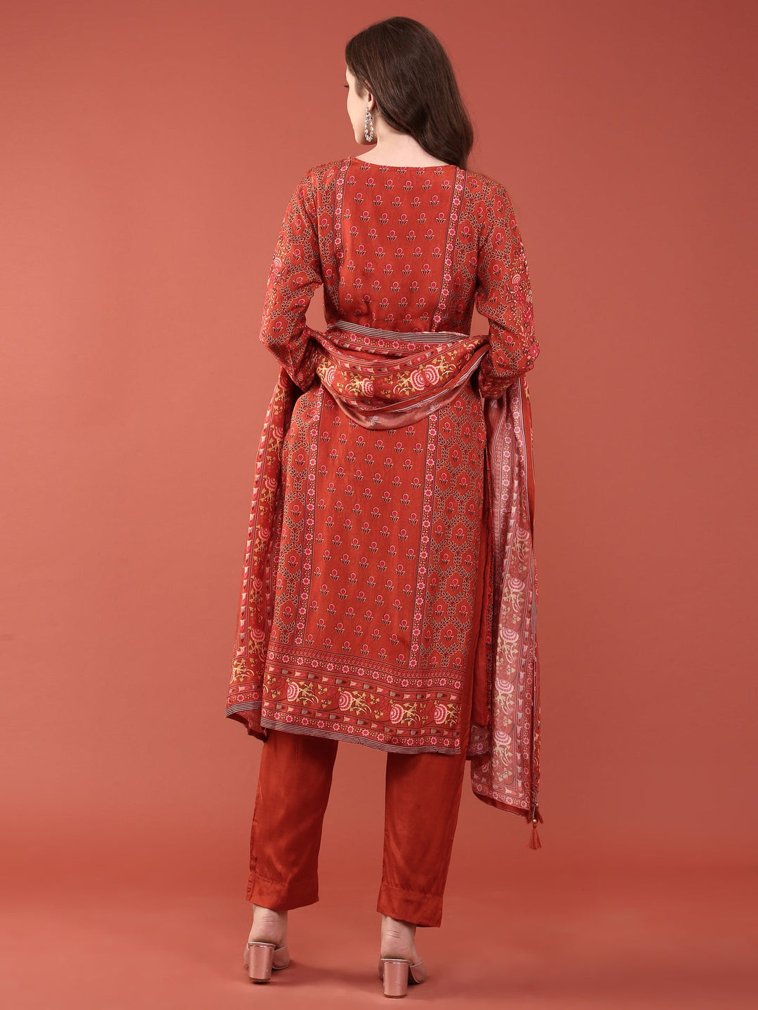 Neerus Orange silk digital printed suit set - side view