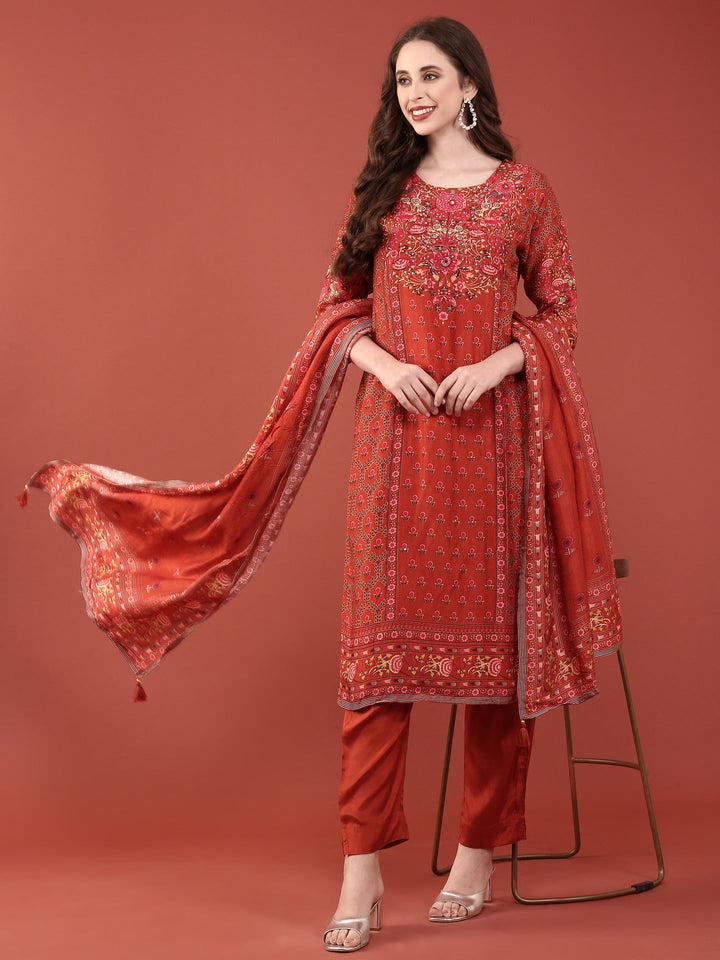 Neerus Orange silk digital printed suit set - detail view 2