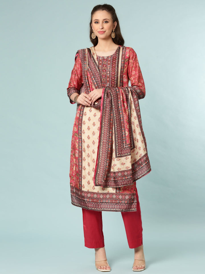 Neerus Red silk printed suit set - front view