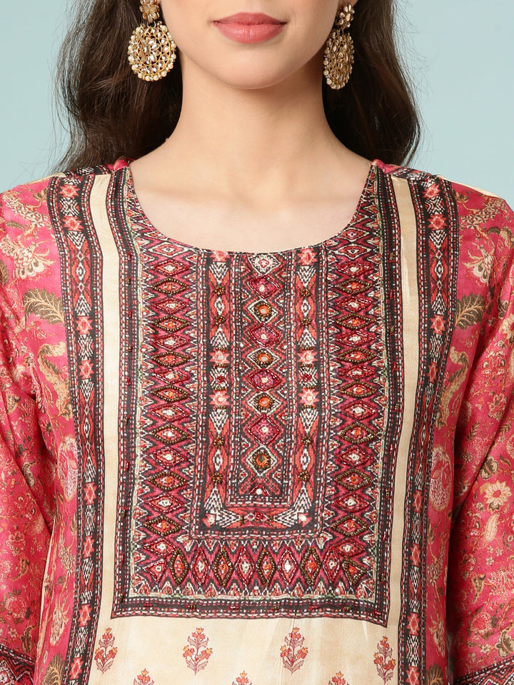 Deep Caramine Dola Silk Printed Three Piece Set