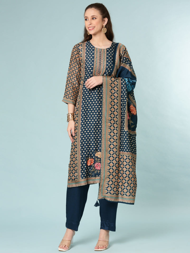 Teal Blue Modal Silk Digital Print Three Piece Set