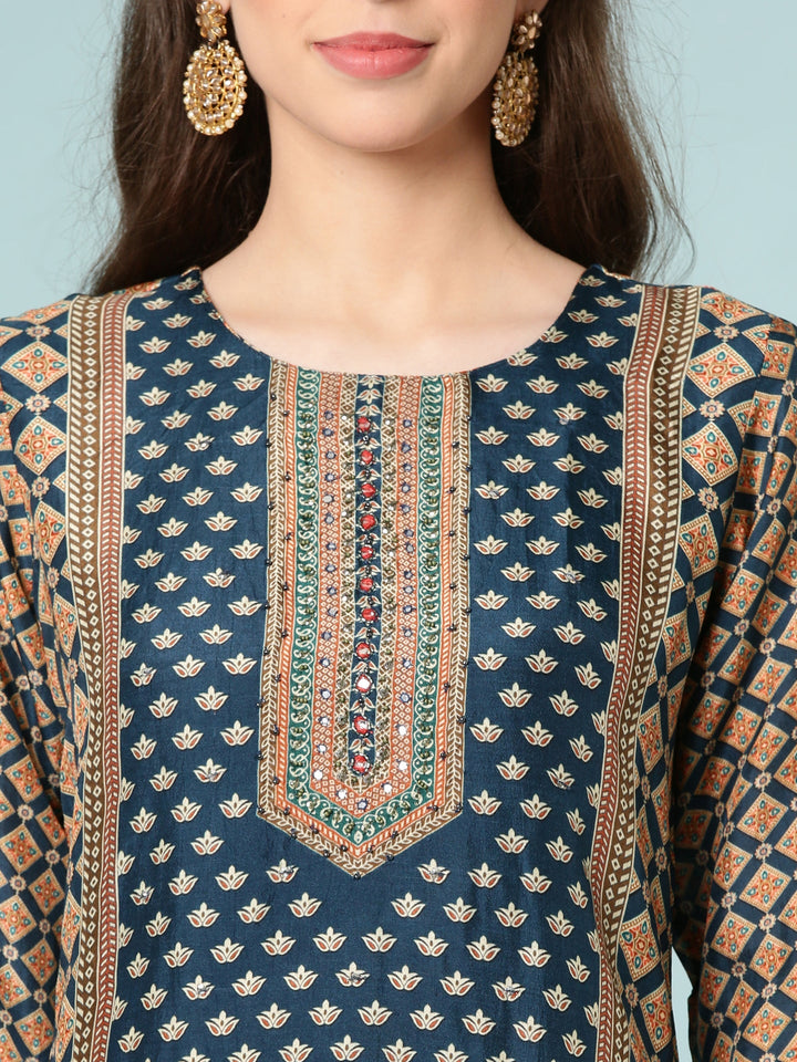 Teal Blue Modal Silk Digital Print Three Piece Set