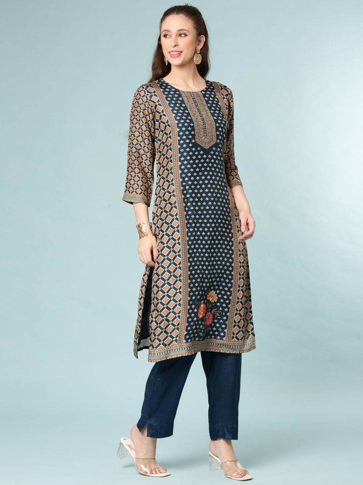 Teal Blue Modal Silk Digital Print Three Piece Set