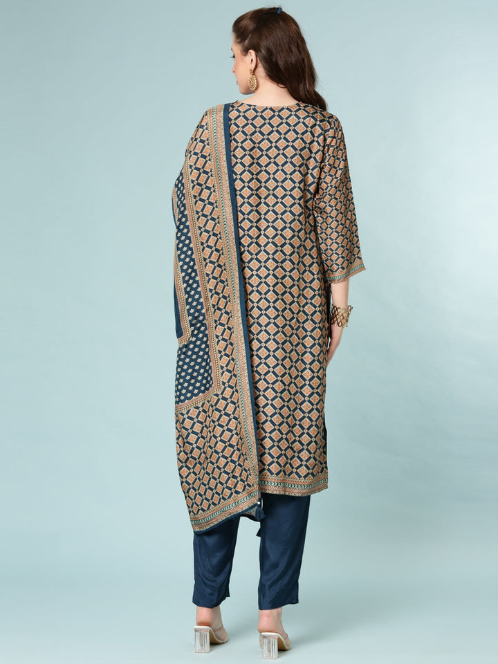 Teal Blue Modal Silk Digital Print Three Piece Set