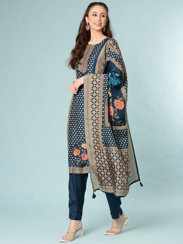 Teal Blue Modal Silk Digital Print Three Piece Set