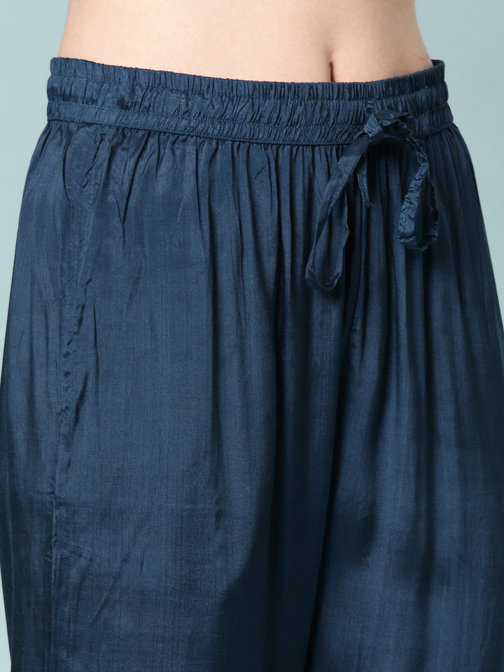 Teal Blue Modal Silk Digital Print Three Piece Set