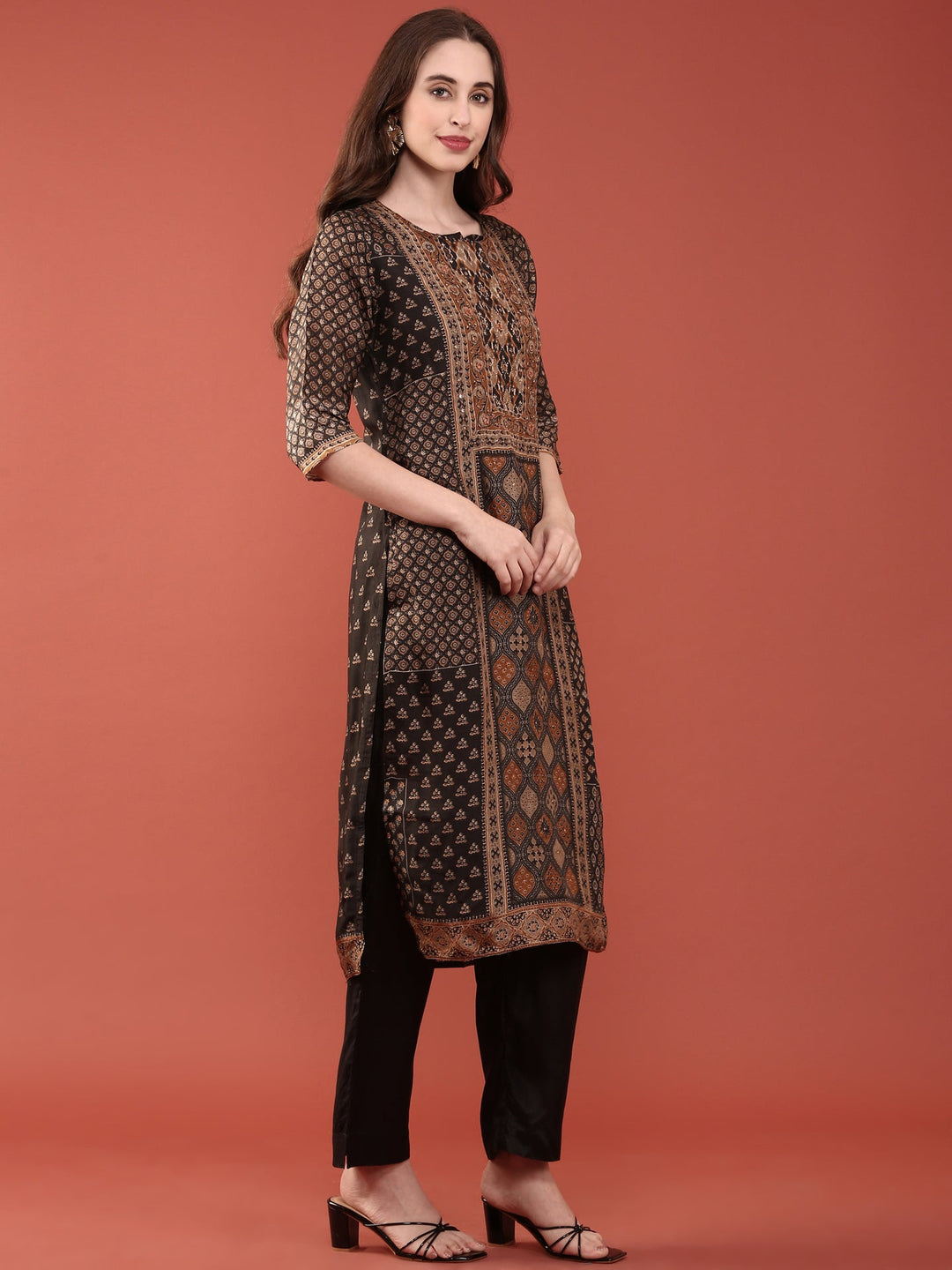 Neerus Black Silk Digital Printed Suit Set - back view
